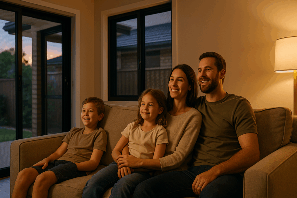 Understanding the Difference: Crimsafe vs Standard Security Screens 6 Happy Australian family relaxing inside their secure home with visible Crimsafe doors and windows