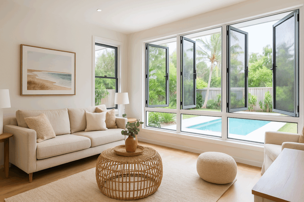 Understanding the Difference: Crimsafe vs Standard Security Screens 5 Interior of an airy Australian living room with open Crimsafe security windows