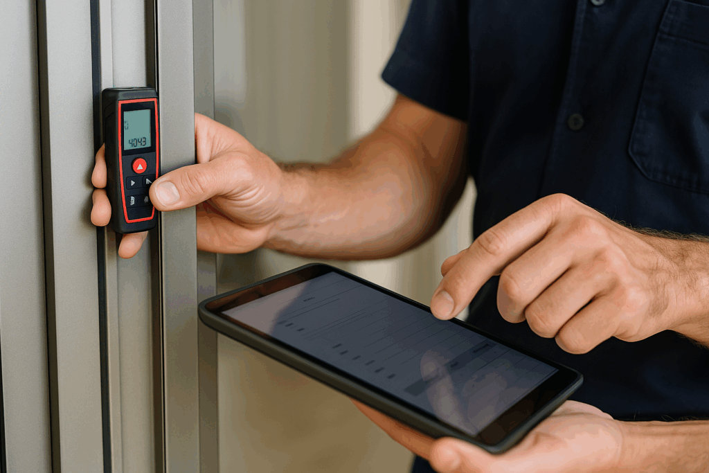 A professional technician using a laser distance measurer on an aluminium door frame