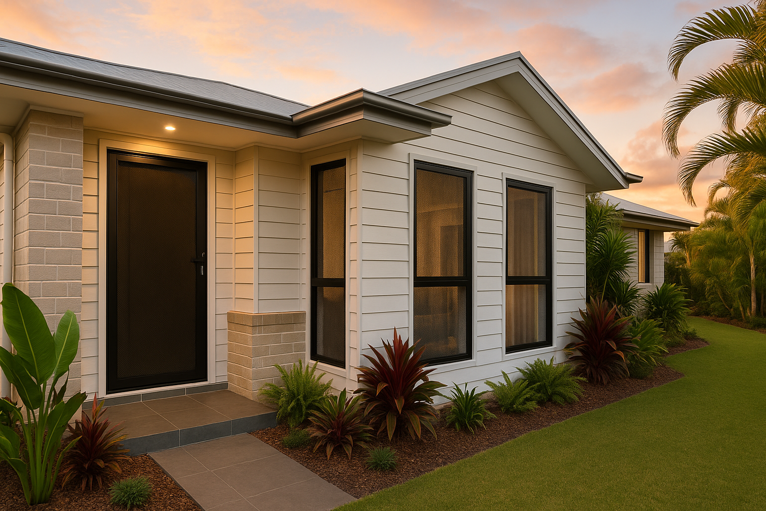 A modern coastal Queensland home in Redland Bay at sunset, showcasing a sleek Crimsafe security door and windows