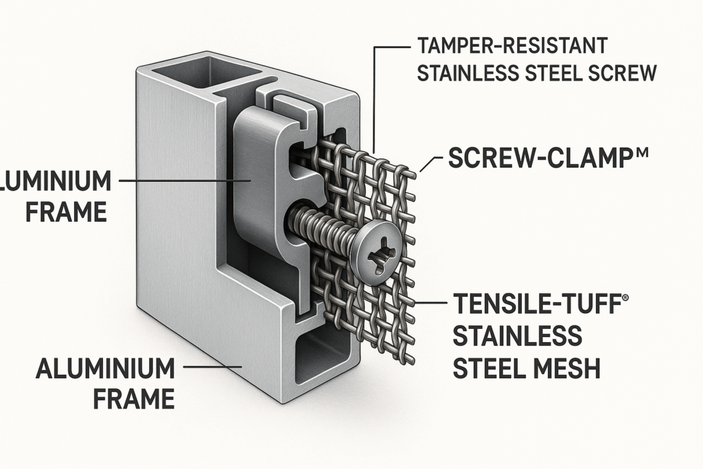 How Crimsafe Security Screens Actually Work (And Why They’re So Tough) 4 Detailed 3D-style cutaway diagram showing the Crimsafe Screw-Clamp™ system