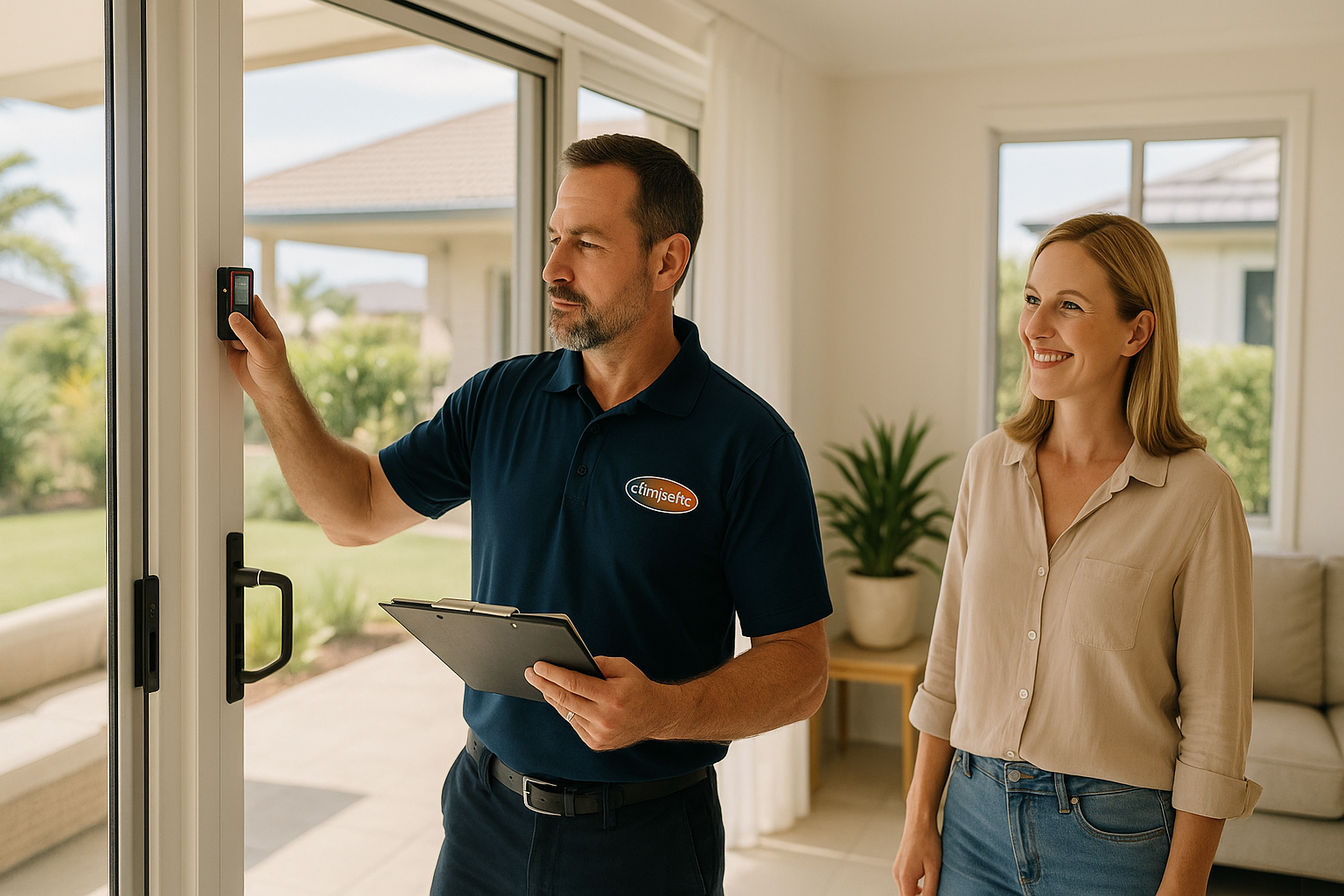 A professional Crimsafe security consultant measuring a sliding door in a bright Redland Bay home.