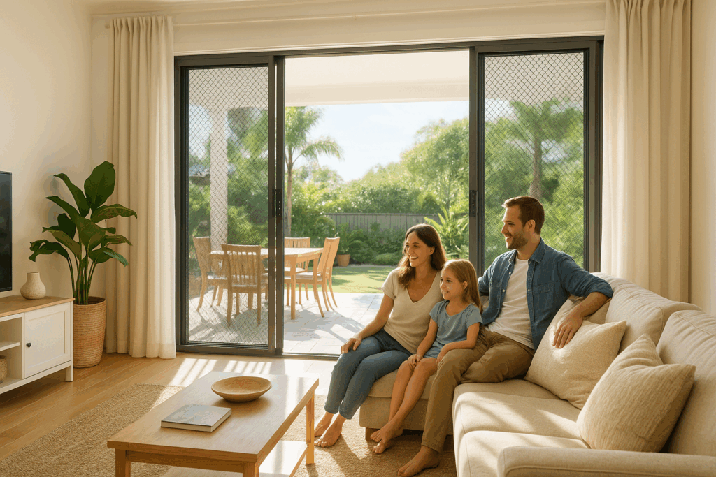 How Crimsafe Security Screens Actually Work (And Why They’re So Tough) 6 Bright, airy living room in coastal Queensland style, large sliding doors with Crimsafe security screens open to a patio, sunlight streaming, fresh breeze, family relaxing indoors