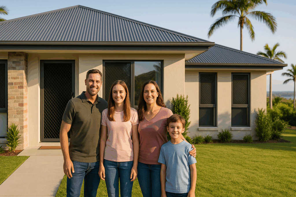 A modern Queensland family home with visible Crimsafe security screens on doors and windows