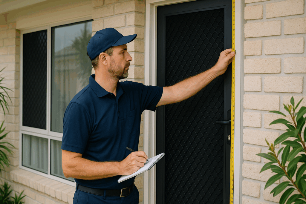 A professional installer in uniform measuring a front door frame