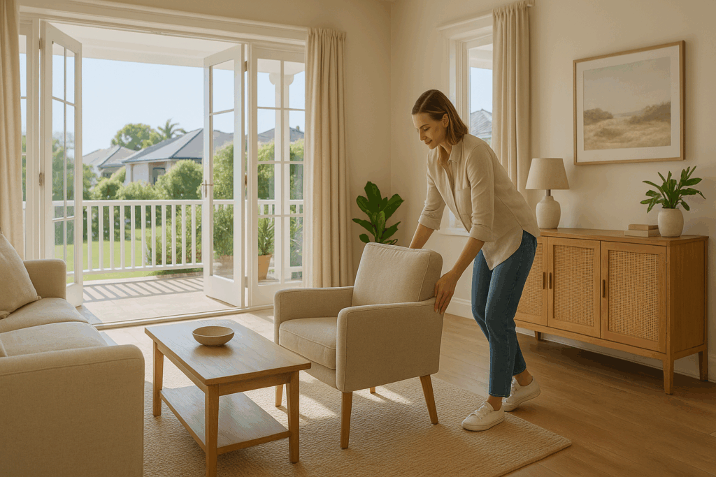 A homeowner tidying the space