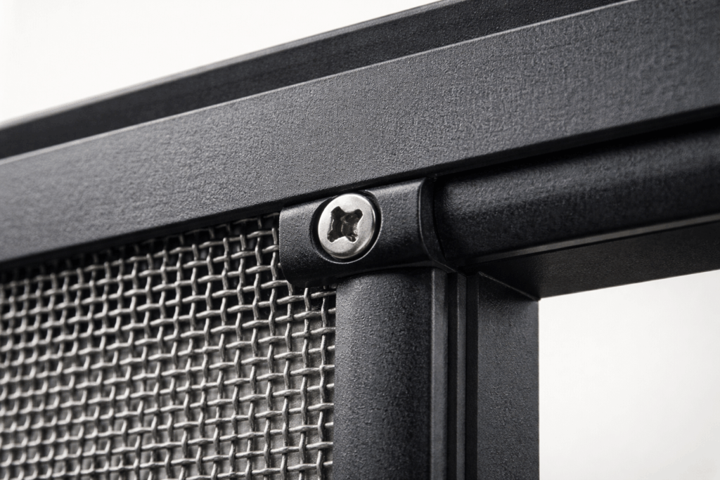 Close-up view of Crimsafe stainless steel mesh and engineered screw-clamp fixing system