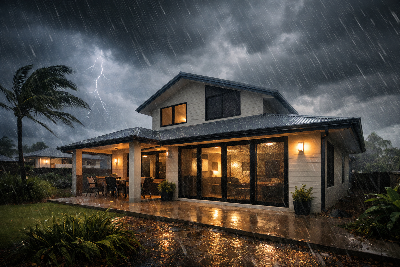 Can Crimsafe Security Screens Withstand Queensland’s Storms and Heat? 4 Queensland home fitted with Crimsafe security screens during a severe summer storm