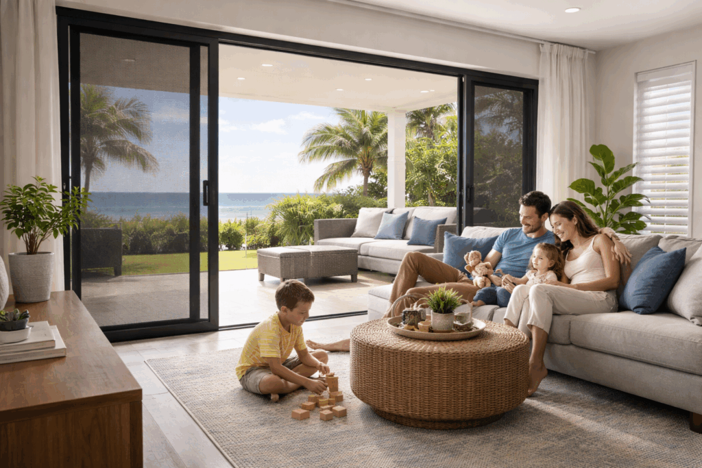 Fitting Crimsafe to Existing Doors and Windows: What You Need to Know 6 Family enjoying natural airflow through open security screen doors in a bright coastal home.