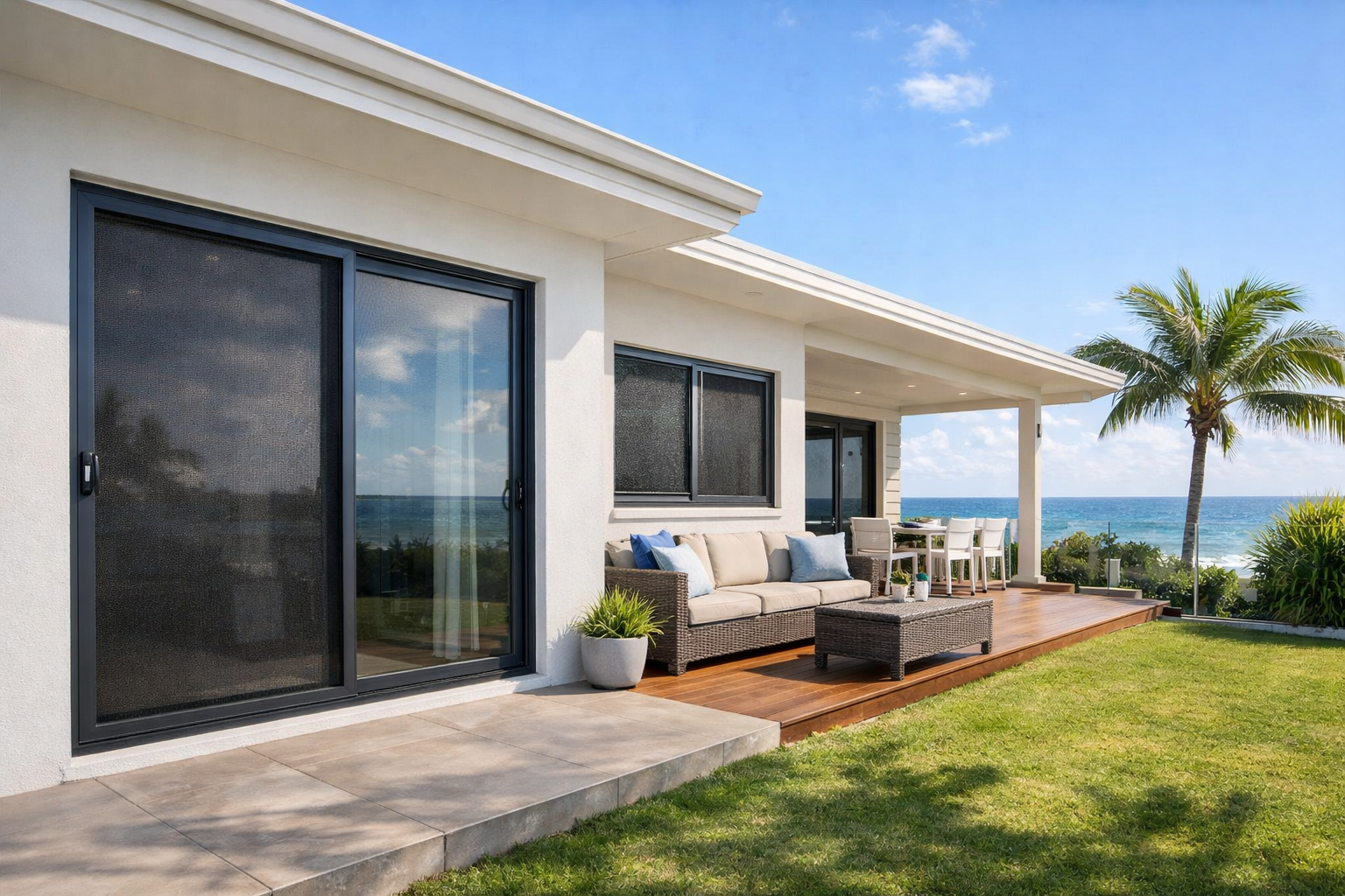 Fitting Crimsafe to Existing Doors and Windows: What You Need to Know 3 Modern coastal home with Crimsafe security screens installed on doors and windows, allowing airflow and natural light.