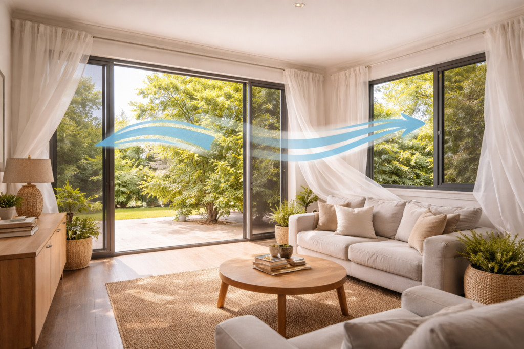 Open windows with security screens allowing fresh air to flow through the home, creating natural cross-ventilation.