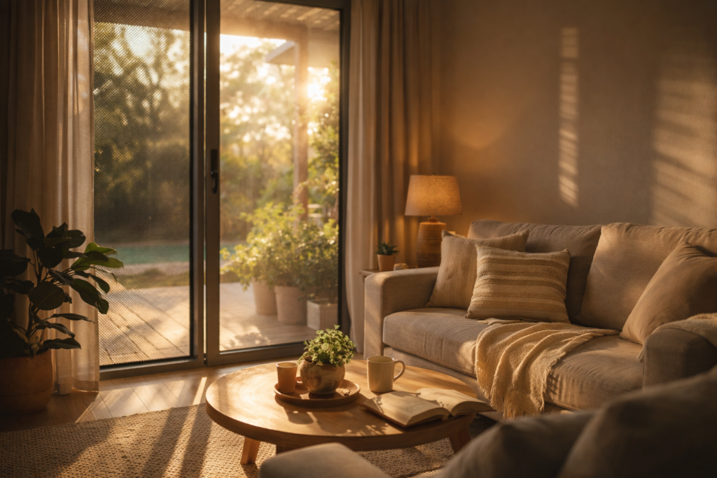 Soft natural light entering a living room through a security screen, creating a warm and comfortable indoor space.