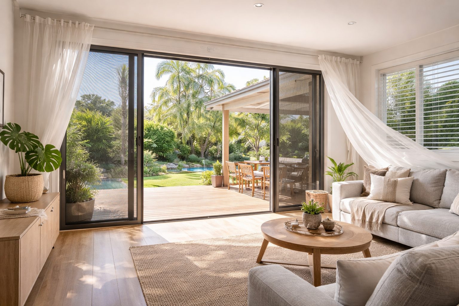 Bright living room with open sliding doors fitted with security screens, allowing sunlight and fresh air to flow inside.