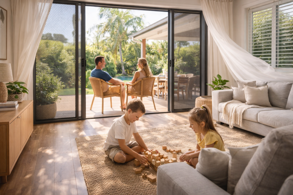 Family enjoying a comfortable home with open patio doors and security screens, combining safety with indoor-outdoor living.