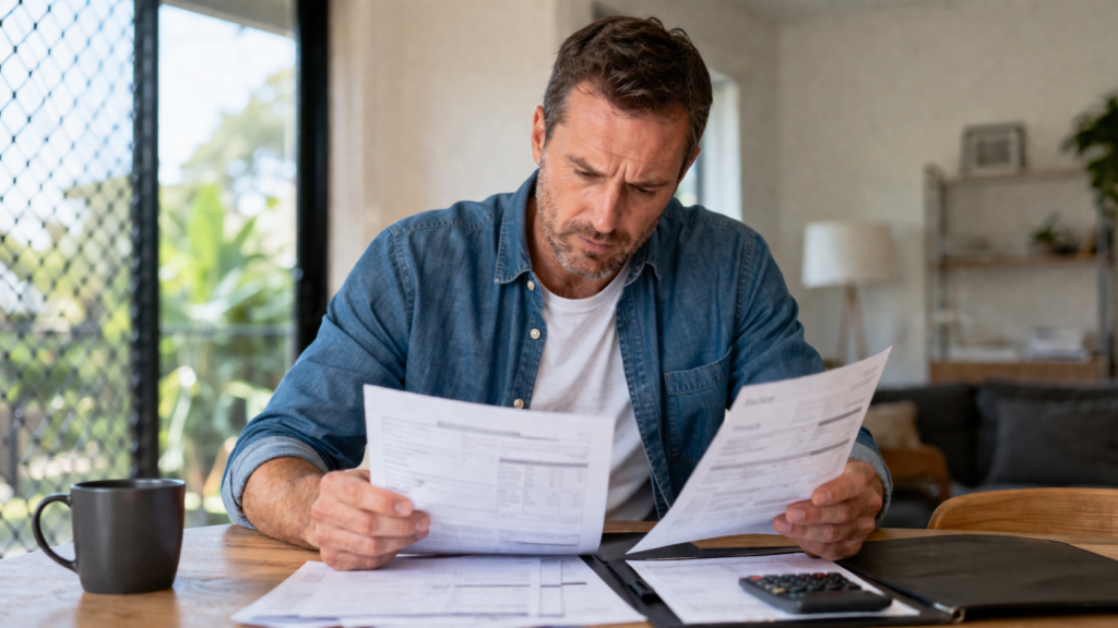 Homeowner reviewing warranty documents and invoice, emphasizing the importance of registration and record keeping.