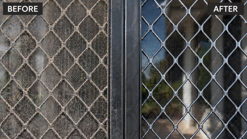 Side-by-side comparison of a dirty and clean security screen, illustrating the importance of regular maintenance.