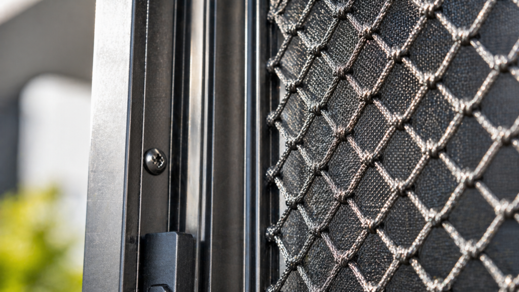 Detailed close-up of stainless steel mesh and aluminium frame used in security screens, highlighting durability and construction.