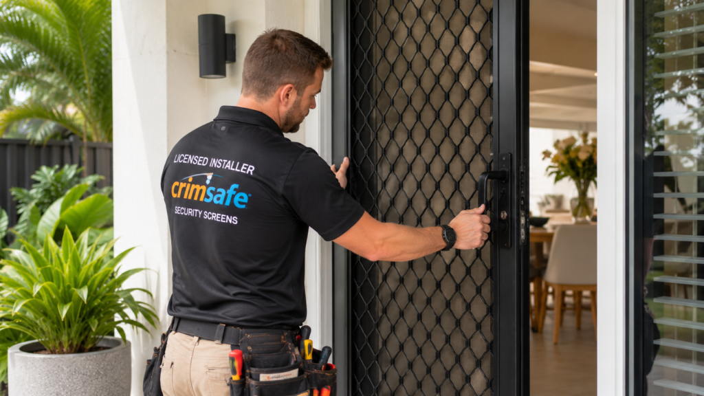 The Crimsafe Installation Process from Start to Finish 5 Installer testing the lock and alignment of a Crimsafe security door.
