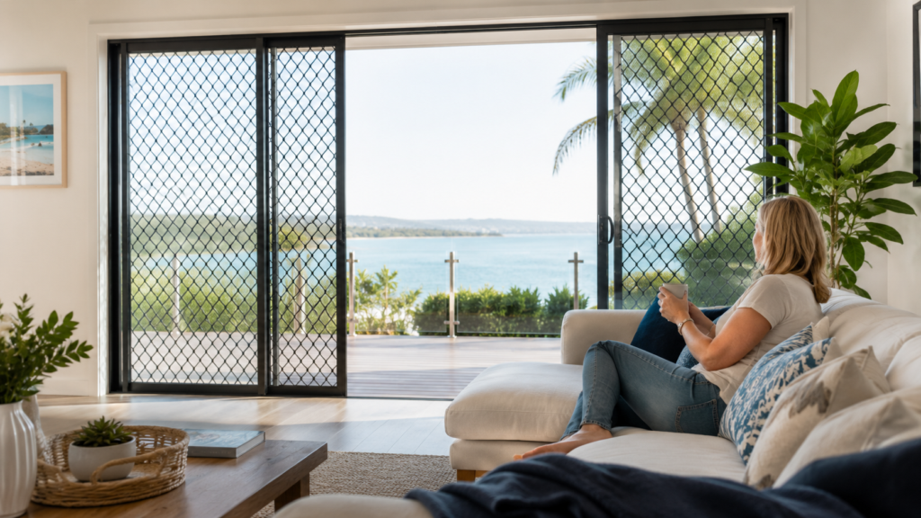 The Crimsafe Installation Process from Start to Finish 6 Homeowner relaxing in a bright coastal home protected by Crimsafe security screens.