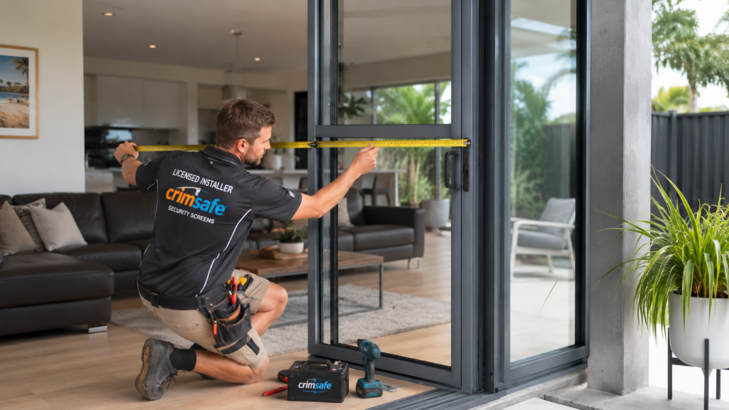 The Crimsafe Installation Process from Start to Finish 4 Professional installer measuring a sliding door before Crimsafe installation.