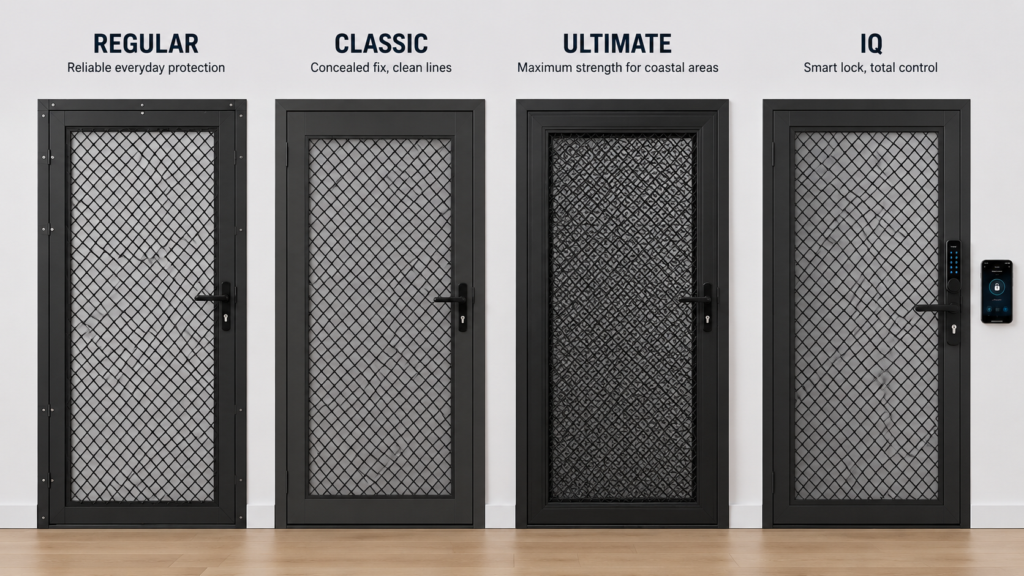 Comparison of four security screen styles showing different features and finishes.