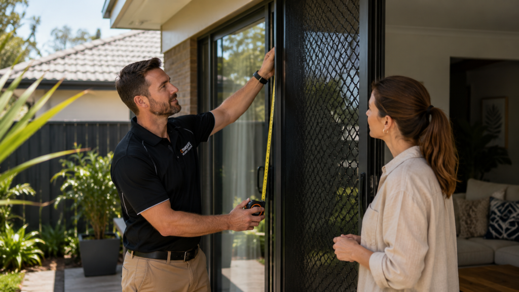 Security screen specialist assessing doors and windows during a home consultation.