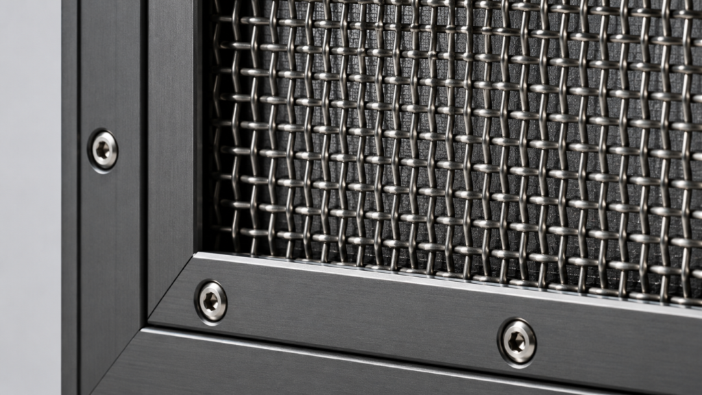 Close-up view of stainless steel security mesh secured inside a strong frame.