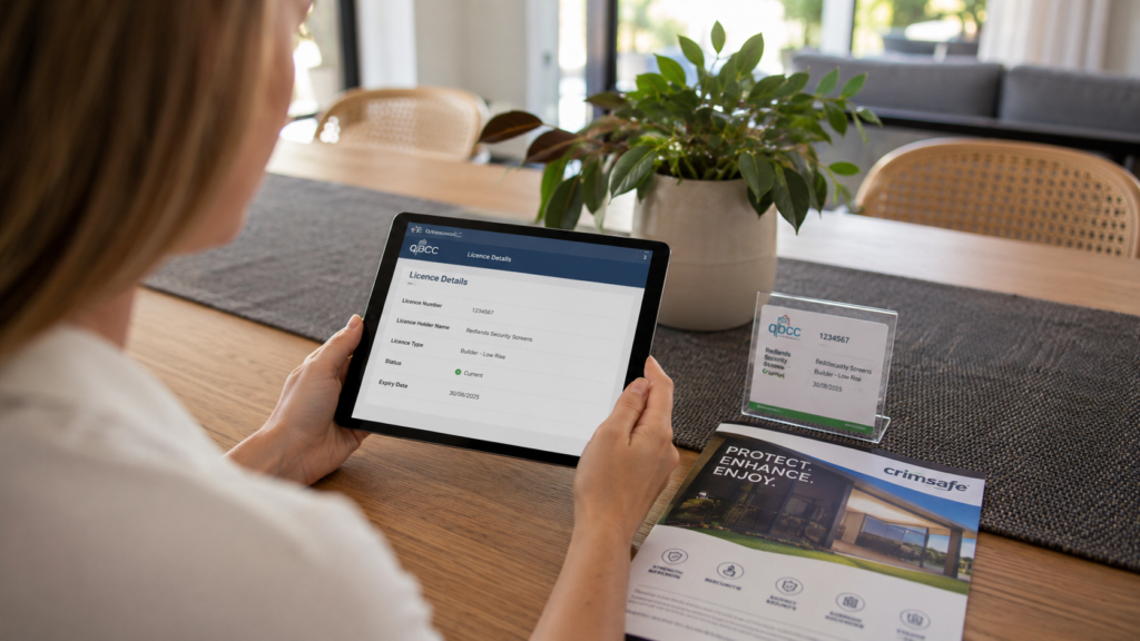 Why Working with a Local Licensed Crimsafe Installer Matters 4 Homeowner verifying a security screen installer's licence and authorisation online.