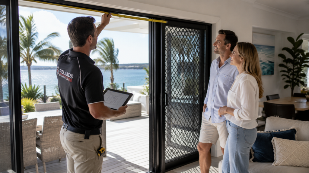 Why Working with a Local Licensed Crimsafe Installer Matters 6 Security consultant assessing a sliding door during a free in-home measure and consultation.